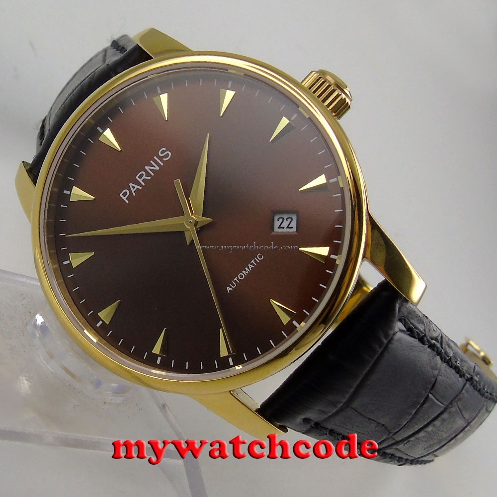 38mm Parnis coffee dial yellow golden case plated miyota automatic mens watch823 Automatic Watch